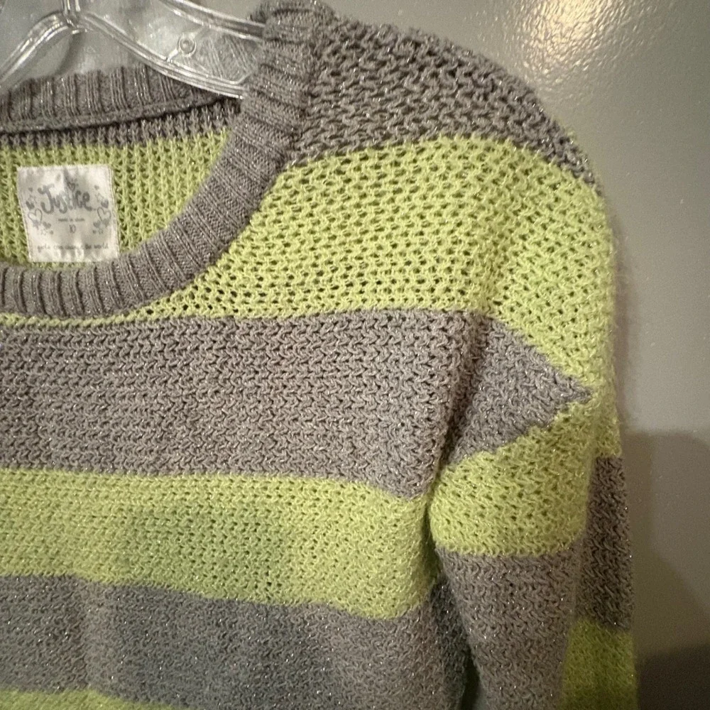 Justice Lime Green & Grey Striped Sparkle‎ Knit Pullover Sweater (Girls 10)